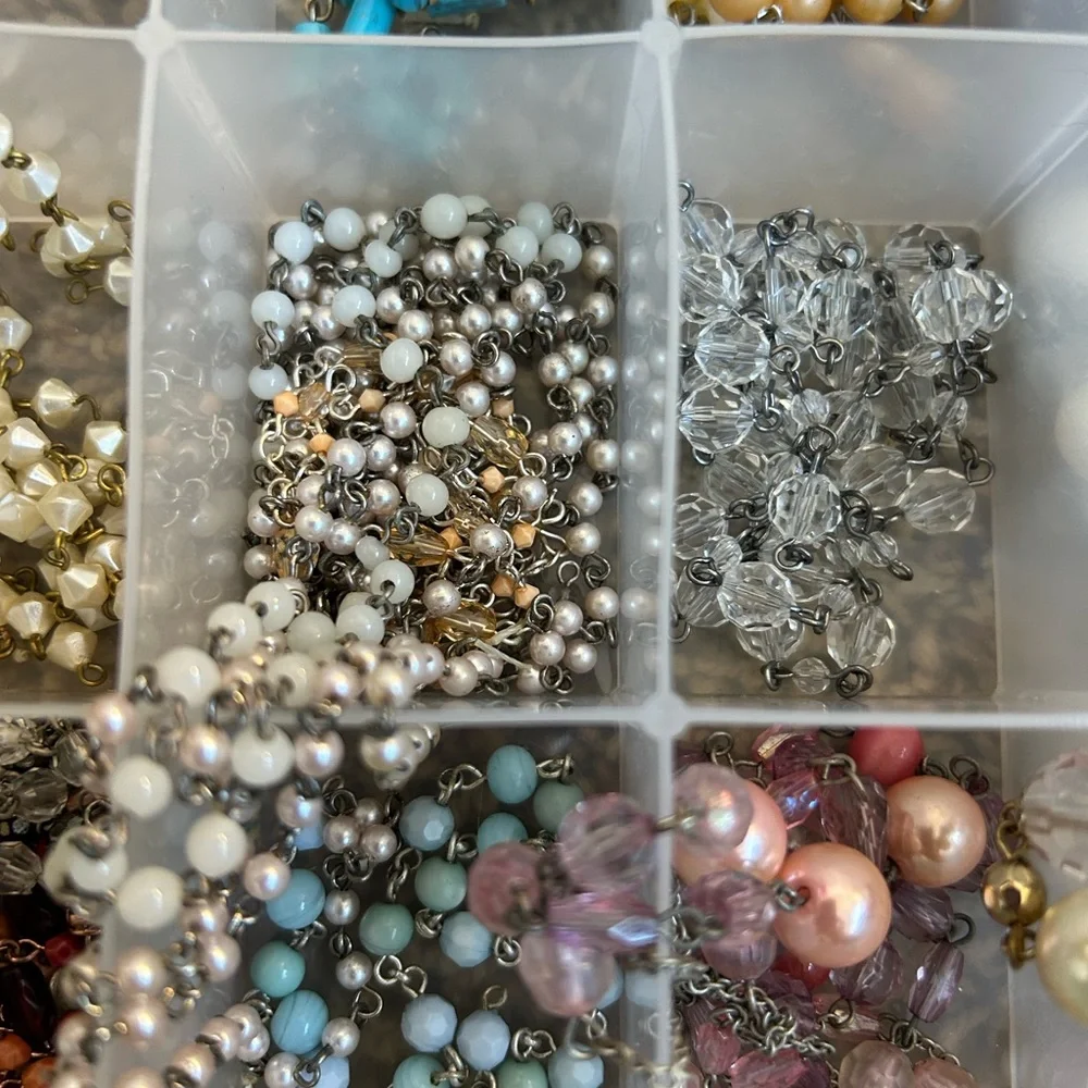 Box full oh AMAZING VINTAGE BEADED CHAIN and rhinestones